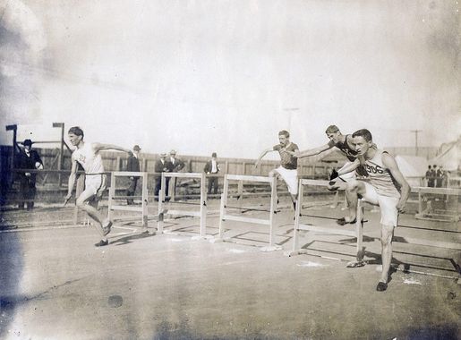 File:Frederick W. Schule of the Milwaukee Athletic Club winning the 110  meter hurdle race at the 1904 Olympics.jpg - Wikimedia Commons