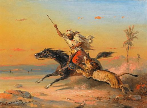 File:Raden Sarief Bustaman Saleh - Arab on horseback, attacked by a Lion  (1849).jpg - Wikimedia Commons