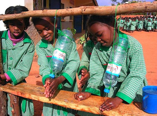 Free picture: girls, madagascar, simple, hand washing, device, consists,  hanging, water