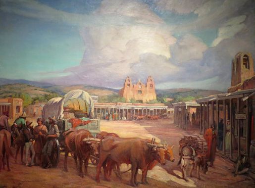 File:'View of Santa Fe Plaza in the 1850s' by Gerald Cassidy, c. 1930.JPG -  Wikimedia Commons