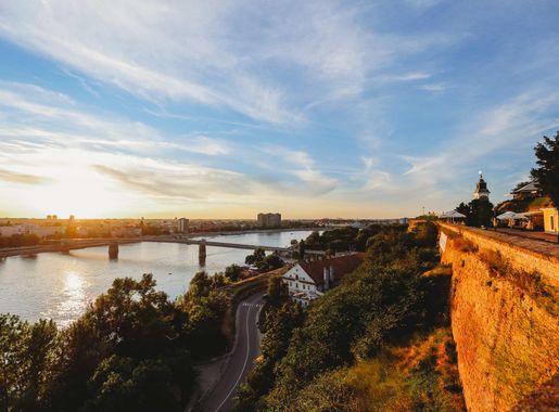 Free picture: aerial, bridge, cityscape, Danube, Serbia, tourist  attraction, landscape, water, sunset, river