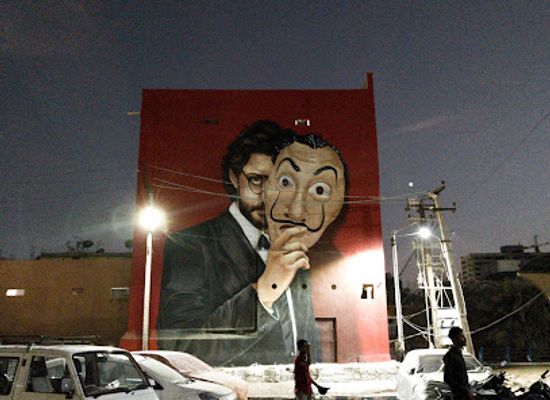 india/hyderabad/landmark/khaja-residency-money-heist-wall-art