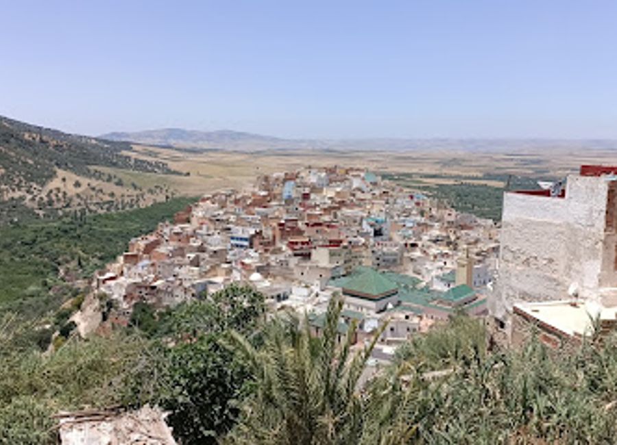 Experience breathtaking views of the mosque at the Small Terrasse in Moulay Idriss Zerhoun, a must-visit for all travelers seeking serenity and stunning scenery.