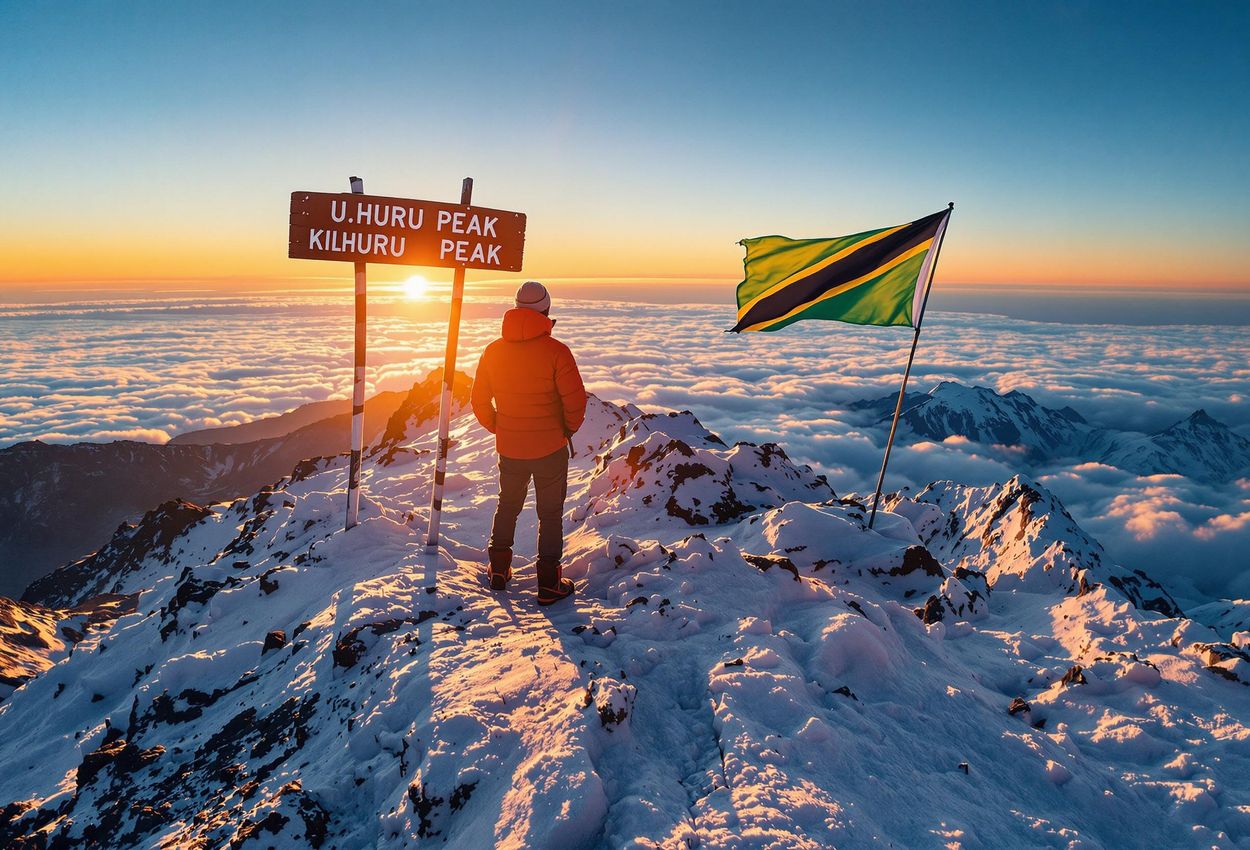 A wide-angle photograph capturing a climber silhouetted against a vibrant sunrise at Uhuru Peak on Mount Kilimanjaro. The image conveys a sense of accomplishment and awe at the 