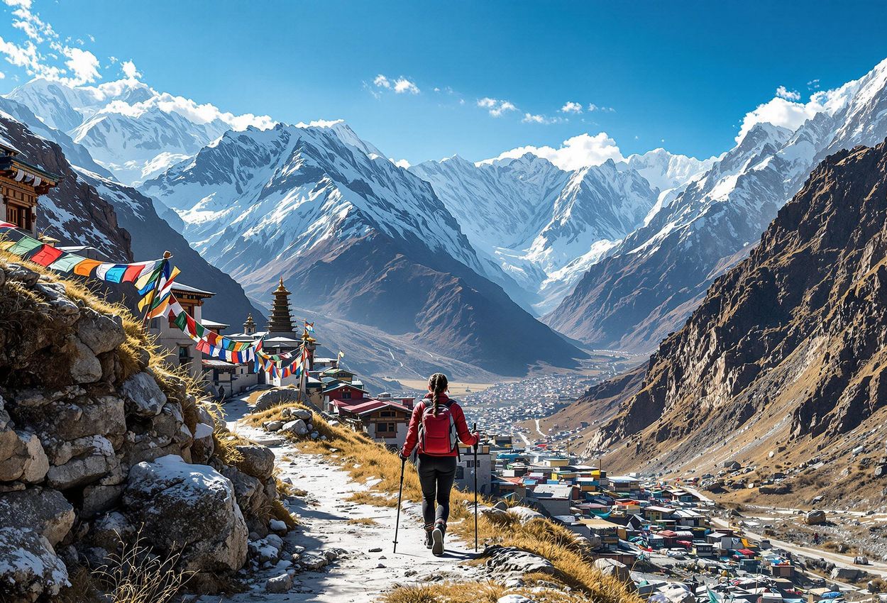 A stunning panoramic photograph captures the vastness and beauty of the Tsum Valley in Nepal, with snow-capped mountains, a remote village, and a lone trekker.