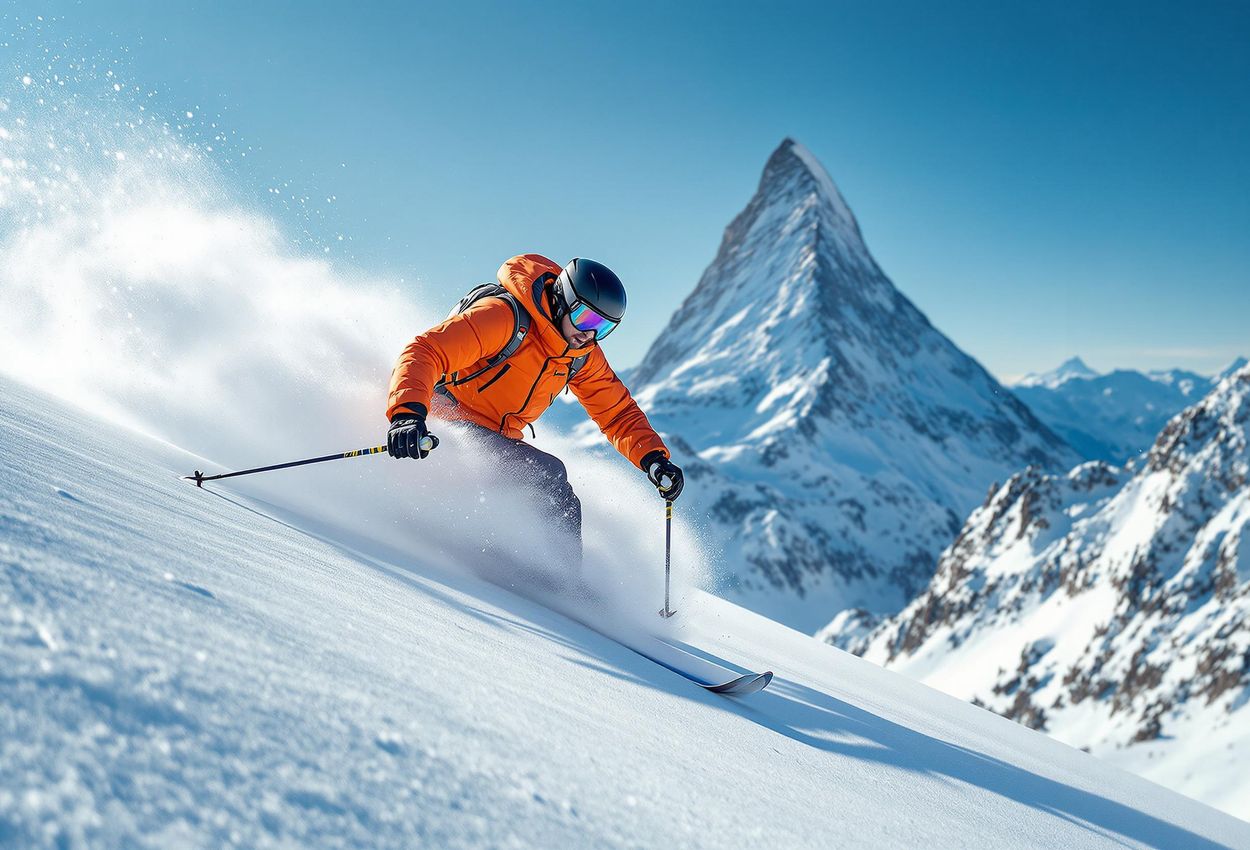 A photograph capturing a ski mountaineer gracefully descending a snow-covered slope in the Swiss Alps, with the Matterhorn in the background.
