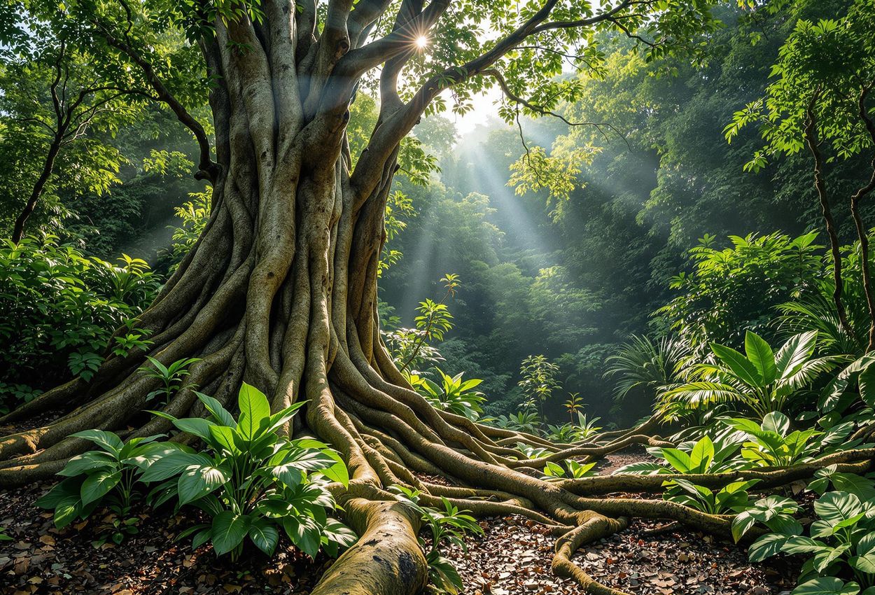 Lush Rainforest Scene in Osa Peninsula, Costa Rica A wide-angle photograph capturing the dense and vibrant rainforest near the Osa Peninsula in Costa Rica, showcasing towering trees, dappled sunlight, and lush greenery.