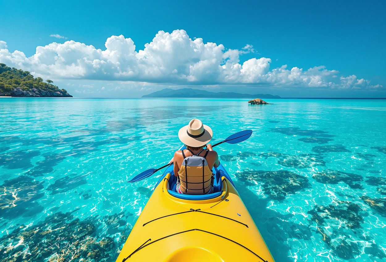 A lone kayaker paddles through the turquoise waters of Komodo National Park, with vibrant coral reefs below and a Komodo dragon basking on a distant shore.