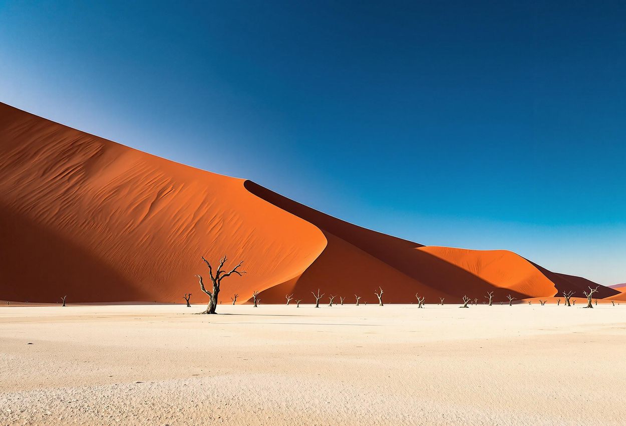 A panoramic photograph of Sossusvlei at sunrise, featuring towering red dunes, the white salt pan of Deadvlei, and silhouetted camel thorn trees under a gradient sky.