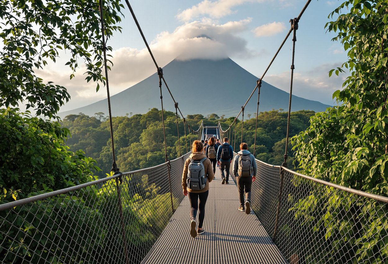 Hanging Bridge View of Arenal Volcano, Costa Rica A medium shot of a hanging bridge in Mistico Arenal Hanging Bridges Park, Costa Rica, with the Arenal Volcano visible in the background. Tourists are walking on the bridge, silhouetted against the lush landscape.