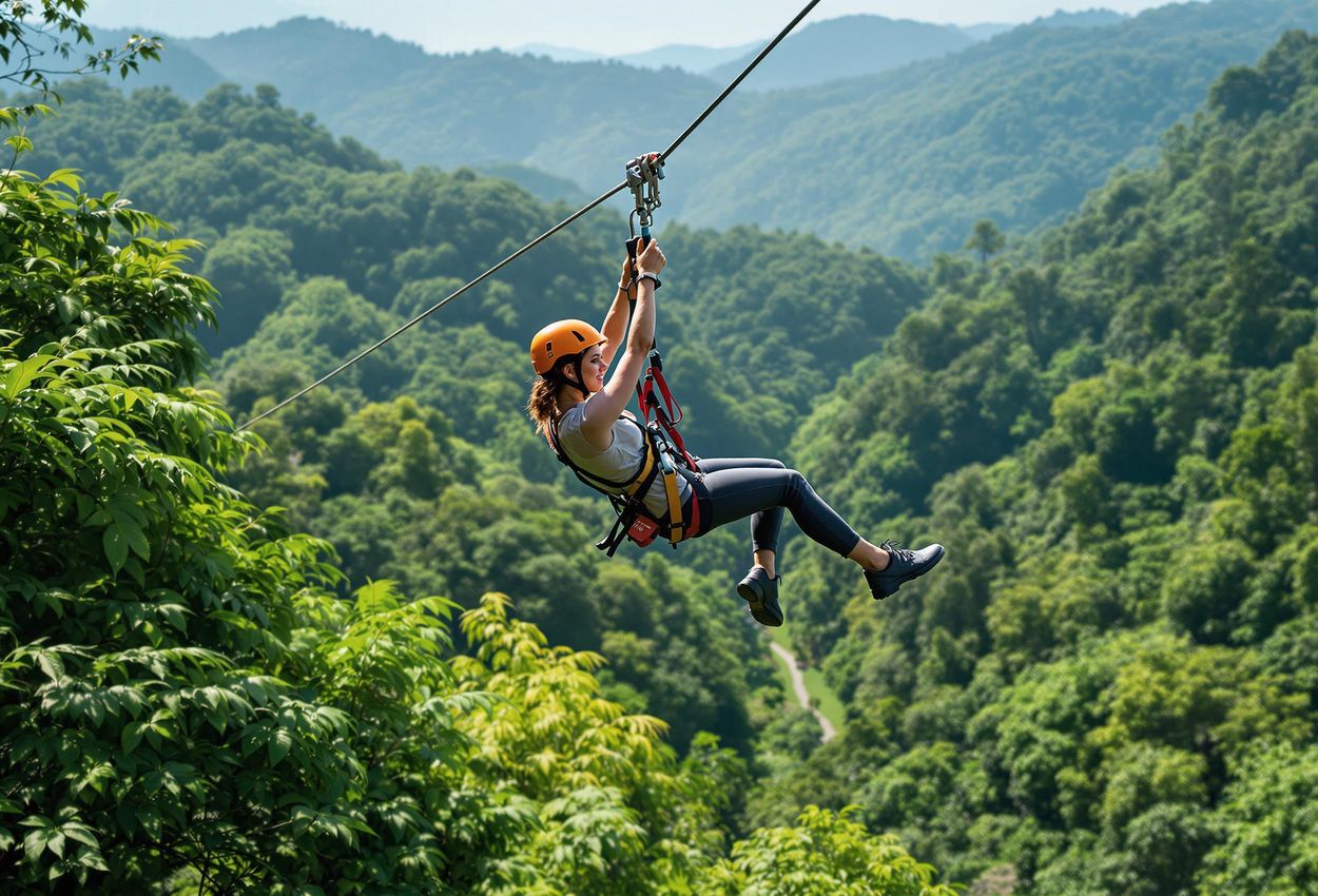 Ziplining Adventure in Monteverde Cloud Forest, Costa Rica A stunning photograph capturing the thrill of ziplining through the lush Monteverde cloud forest in Costa Rica. Experience the adrenaline rush and breathtaking views.
