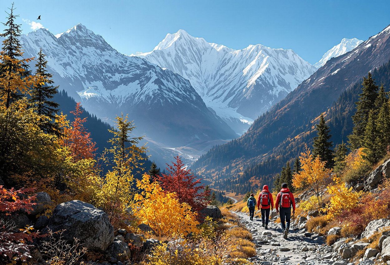 A stunning landscape photograph of the Annapurna Circuit in Nepal during autumn, featuring snow-capped peaks, colorful trees, and trekkers enjoying the breathtaking views.