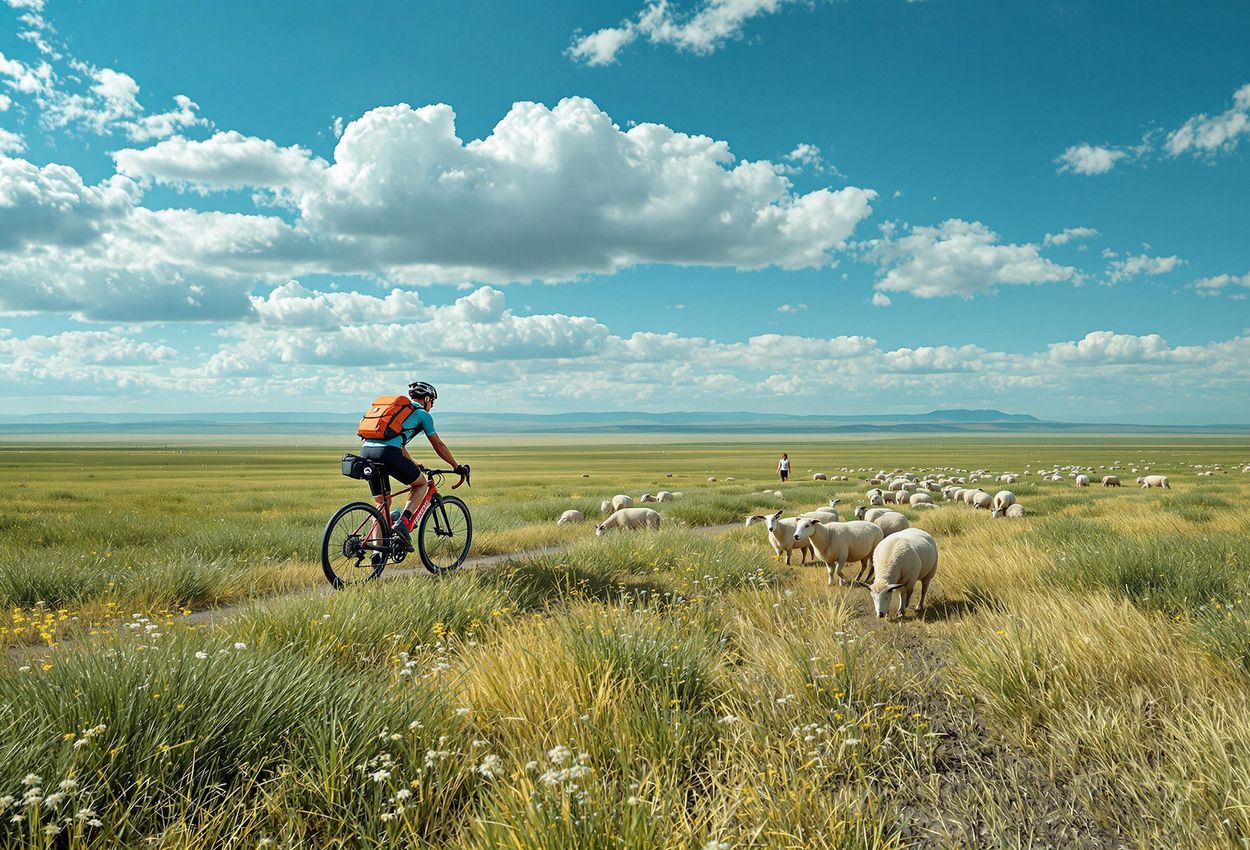 A panoramic photograph captures a cyclist traversing the vast Mongolian steppe. Rolling grasslands stretch to the horizon under a blue sky, with a nomadic herder and livestock visible in the distance.