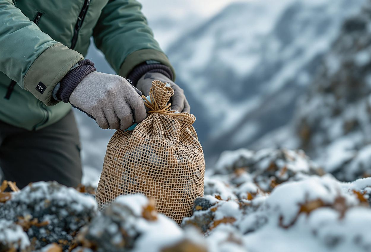 A close-up photo of a trekker in the Himalayas carefully packing out trash into a reusable bag, emphasizing sustainable trekking practices and environmental responsibility.