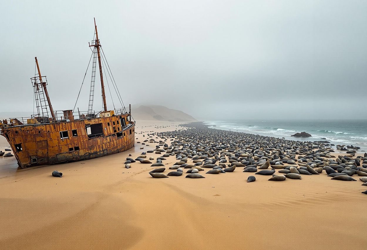 A captivating photograph of a shipwreck and a Cape fur seal colony on the Skeleton Coast, Namibia, showcasing the stark beauty and unique wildlife of this remote landscape.