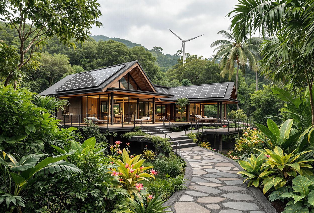 Luxury Eco-Lodge in Costa Rica: Sustainable Paradise A medium shot of a stunning eco-lodge in Costa Rica, showcasing its sustainable design and harmonious integration with the surrounding rainforest. Renewable energy sources and lush greenery highlight the eco-friendly features.