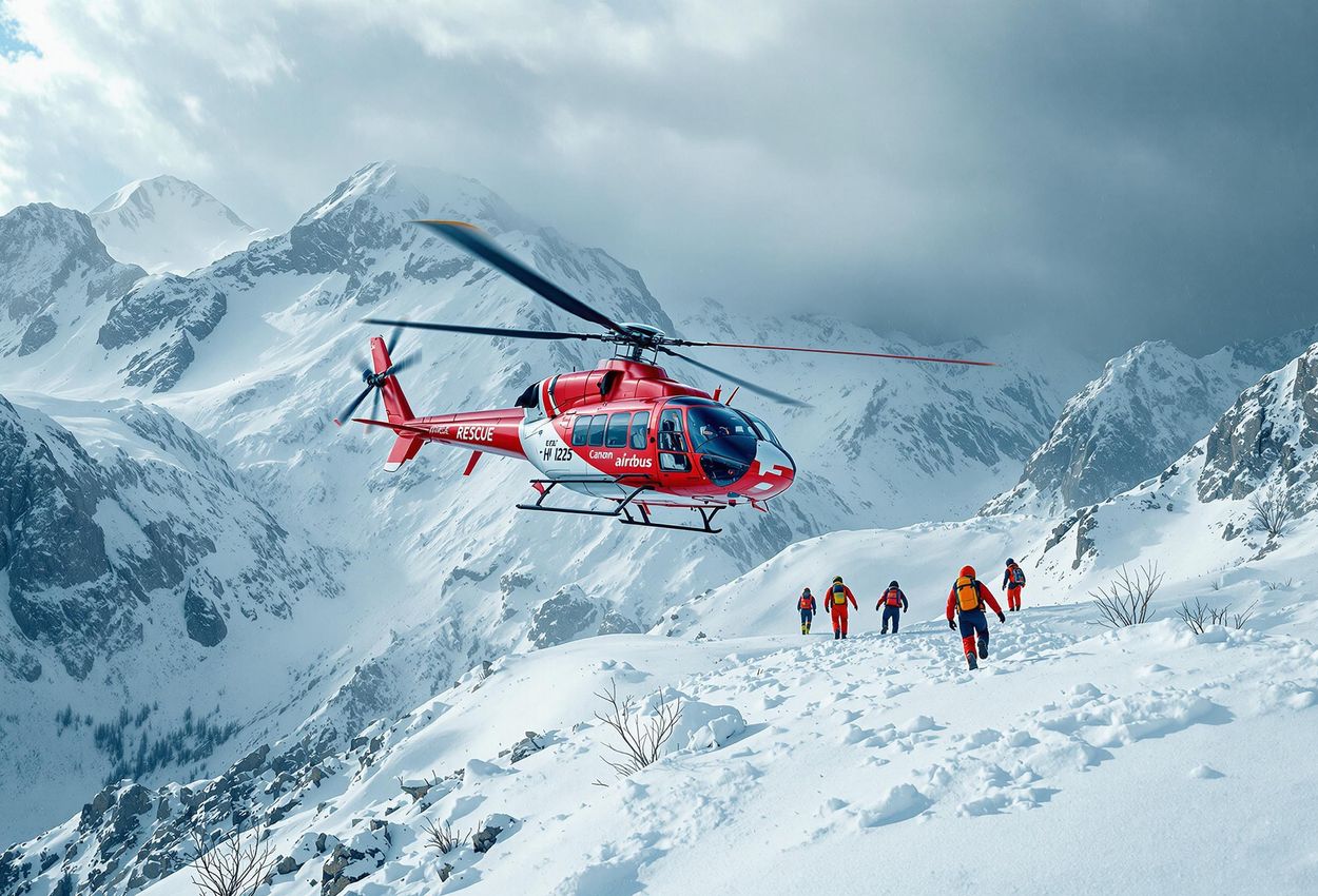 A photograph capturing a daring rescue operation in the Himalayas, featuring a helicopter landing to assist injured trekkers on a snowy mountain slope.