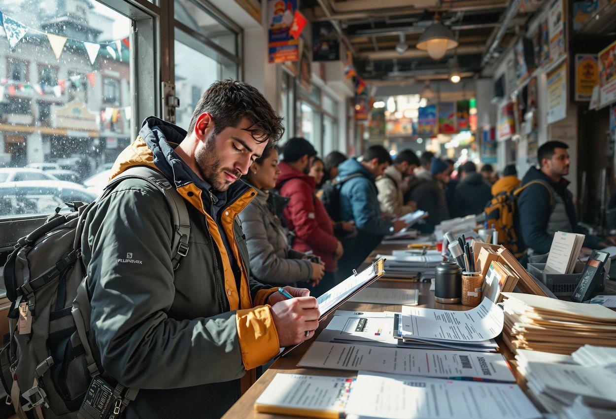 A photograph of a trekker standing in line at a permit office in Kathmandu, Nepal, filling out paperwork to obtain permits for trekking in the Himalayas.