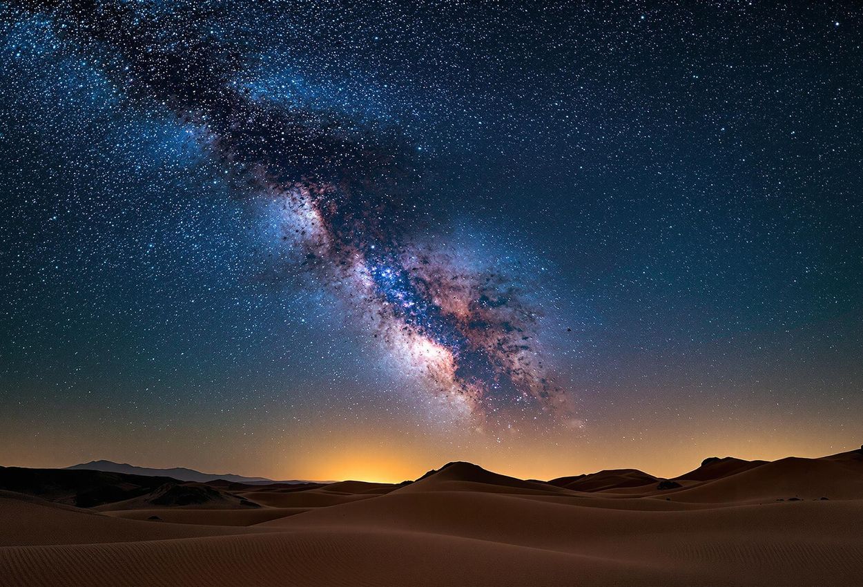 A stunning photograph capturing the Milky Way stretching across the clear night sky above the NamibRand Nature Reserve in Namibia, showcasing the beauty of this International Dark Sky Reserve.