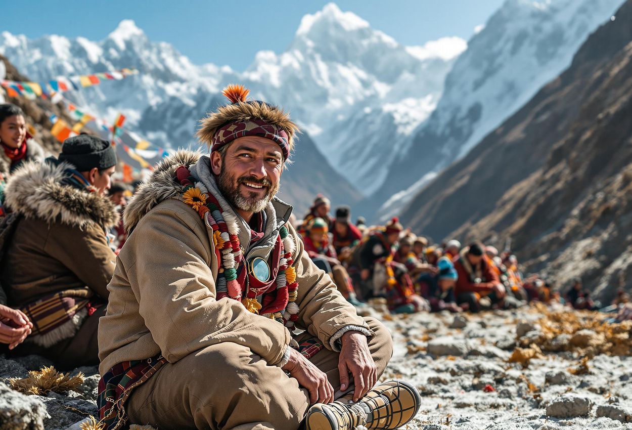 A photograph capturing a candid moment at a Sherpa wedding in the Himalayas, featuring a trekker immersed in the local celebration. Authentic cultural experience with vibrant traditional attire and stunning mountain backdrop.