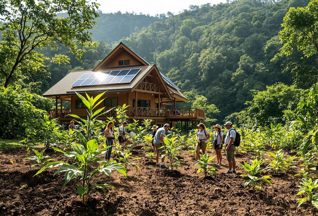 A panoramic photograph of an eco-lodge nestled in the Costa Rican rainforest. Tourists and local guides are planting trees, highlighting the lodge