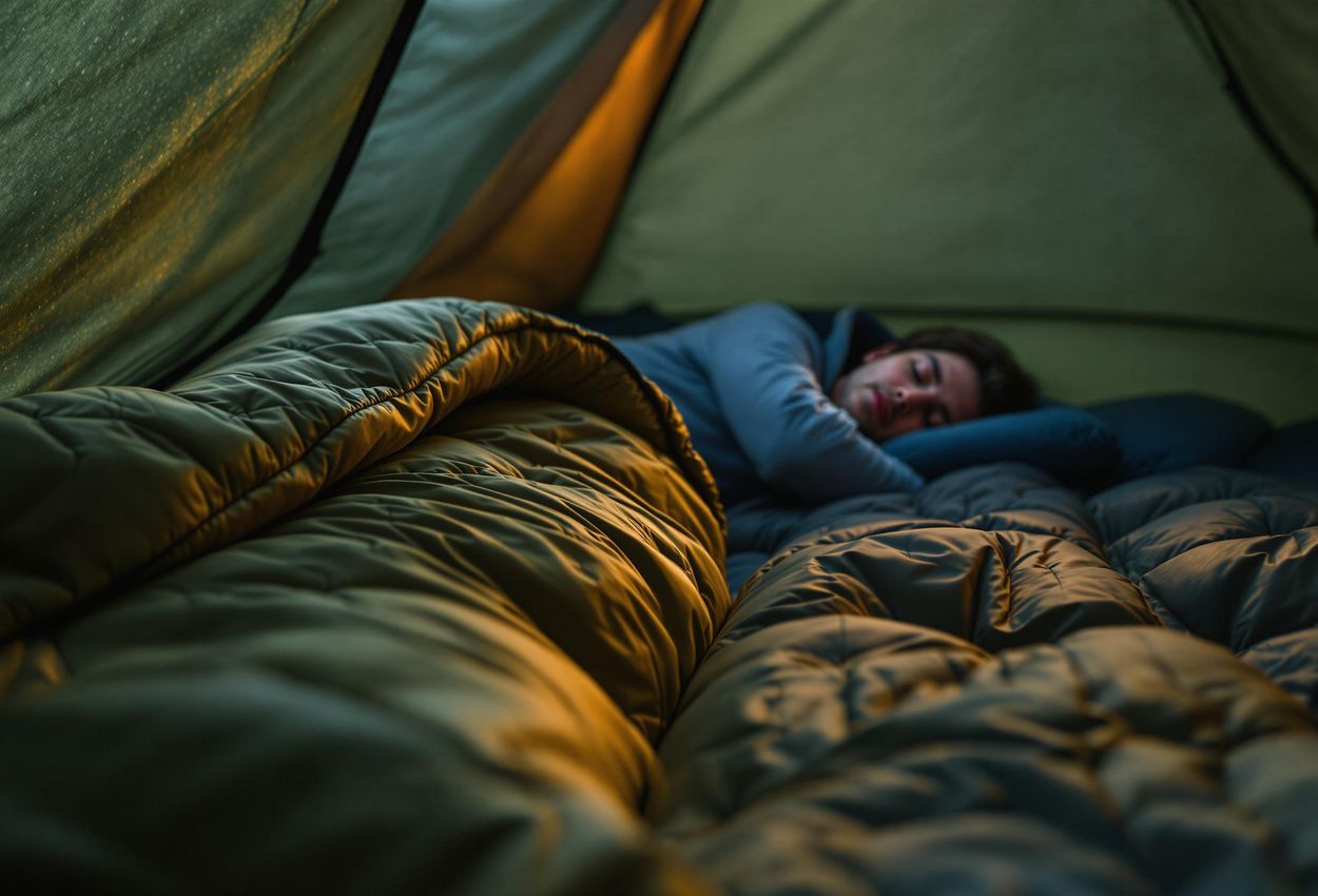 Cozy Camping: A Night A close-up photo of a sleeping bag and pad inside a tent, bathed in warm light, offering a serene and comfortable camping experience.