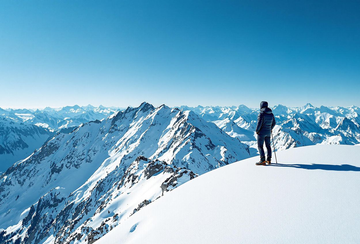 Snowy Mountain Peak Adventure in the Swiss Alps A wide-angle photograph of a person silhouetted on a snow-covered mountain peak, gazing at the vast, rugged landscape of the Swiss Alps under a clear sky.