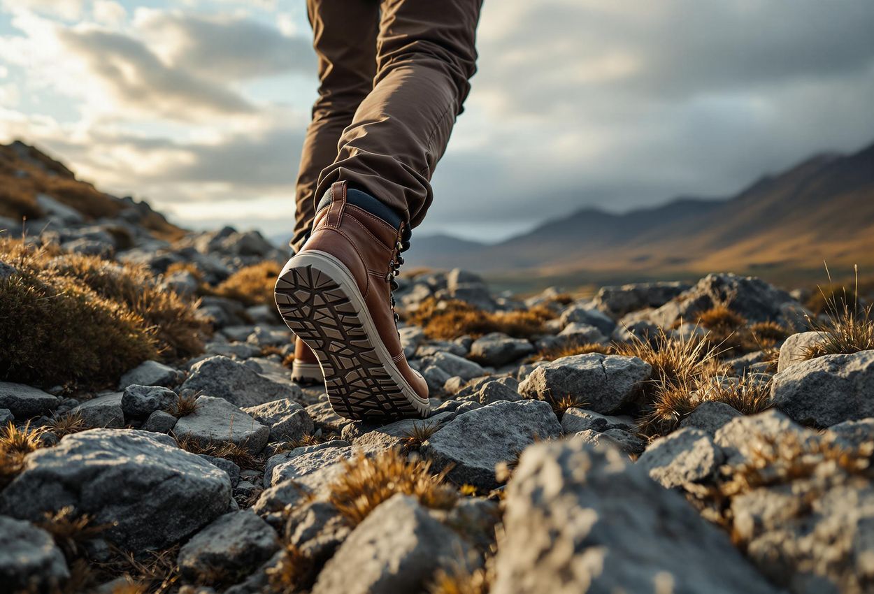 Hiker A hiker traverses a rocky trail in the Scottish Highlands, showcasing the durability and performance of their hiking boots against a backdrop of dramatic landscapes and late afternoon light.