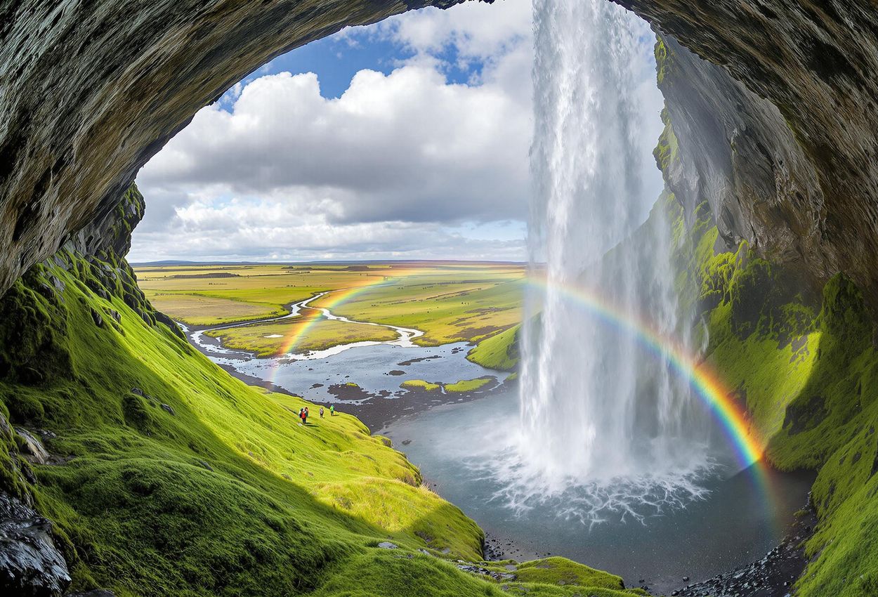 A stunning photograph capturing the iconic Seljalandsfoss waterfall in Iceland from behind, showcasing its unique beauty and the surrounding landscape.