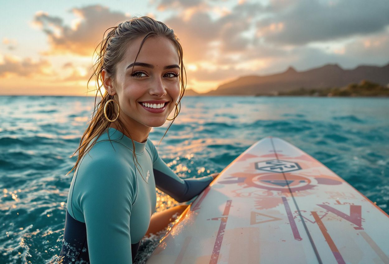 Surfer Girl Enjoying Sunset in Kauai, Hawaii A medium shot captures a surfer sitting on her board at sunset in Kauai, Hawaii, smiling serenely as she gazes at the waves.