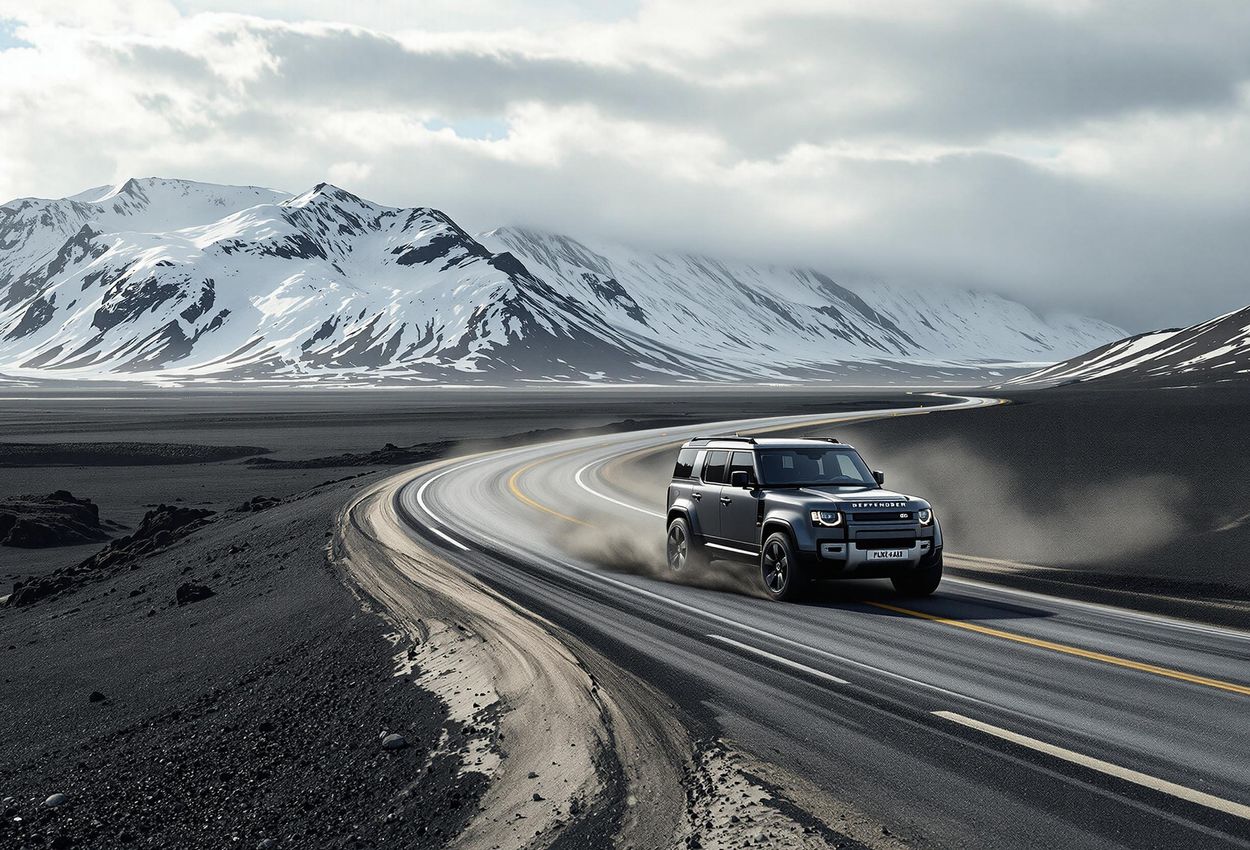 A scenic photograph captures a dark grey 4x4 vehicle driving along Iceland