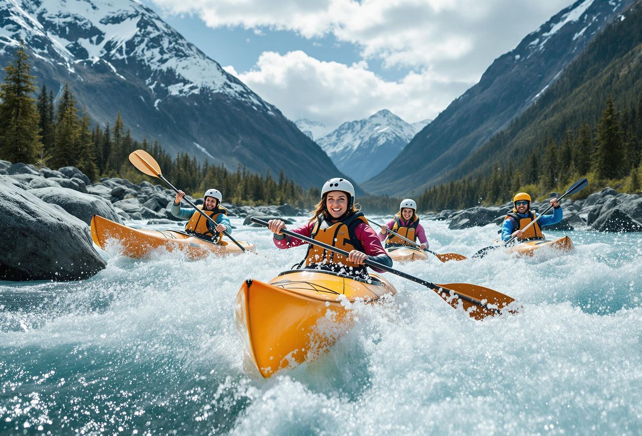 Kayaking Adventure on the Alsek River, Alaska A group of friends kayaks down the rapid Alsek River in Alaska, surrounded by stunning mountain scenery. The image captures the excitement and camaraderie of shared adventure.