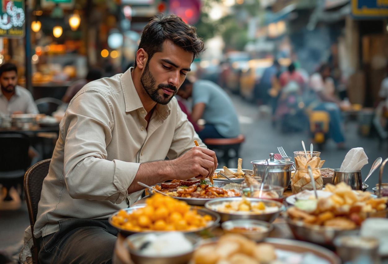 A candid photograph capturing a traveler respectfully experiencing Mumbai