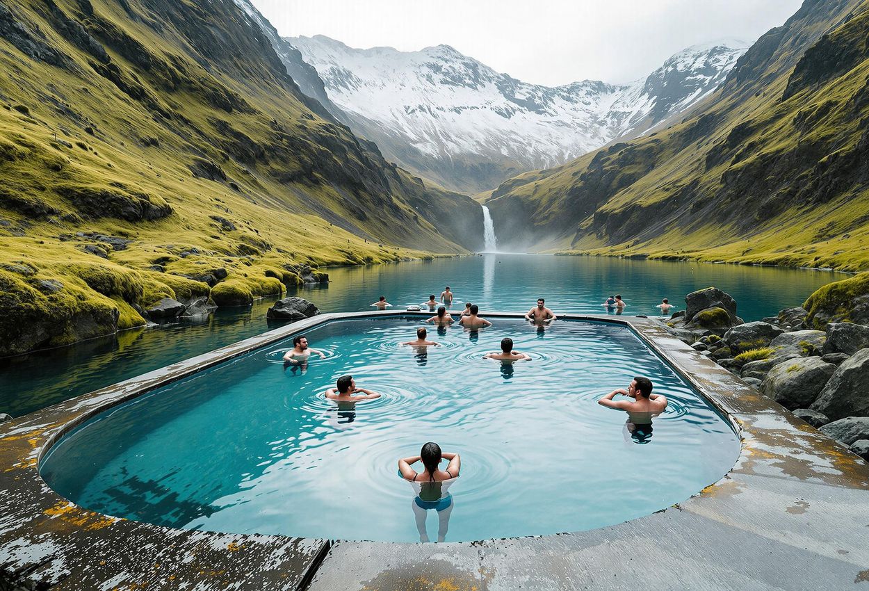 A scenic photograph of Seljavallalaug Pool, a geothermal pool nestled in a valley in Iceland, surrounded by green hills and snow-covered mountains, with people enjoying the tranquil setting.