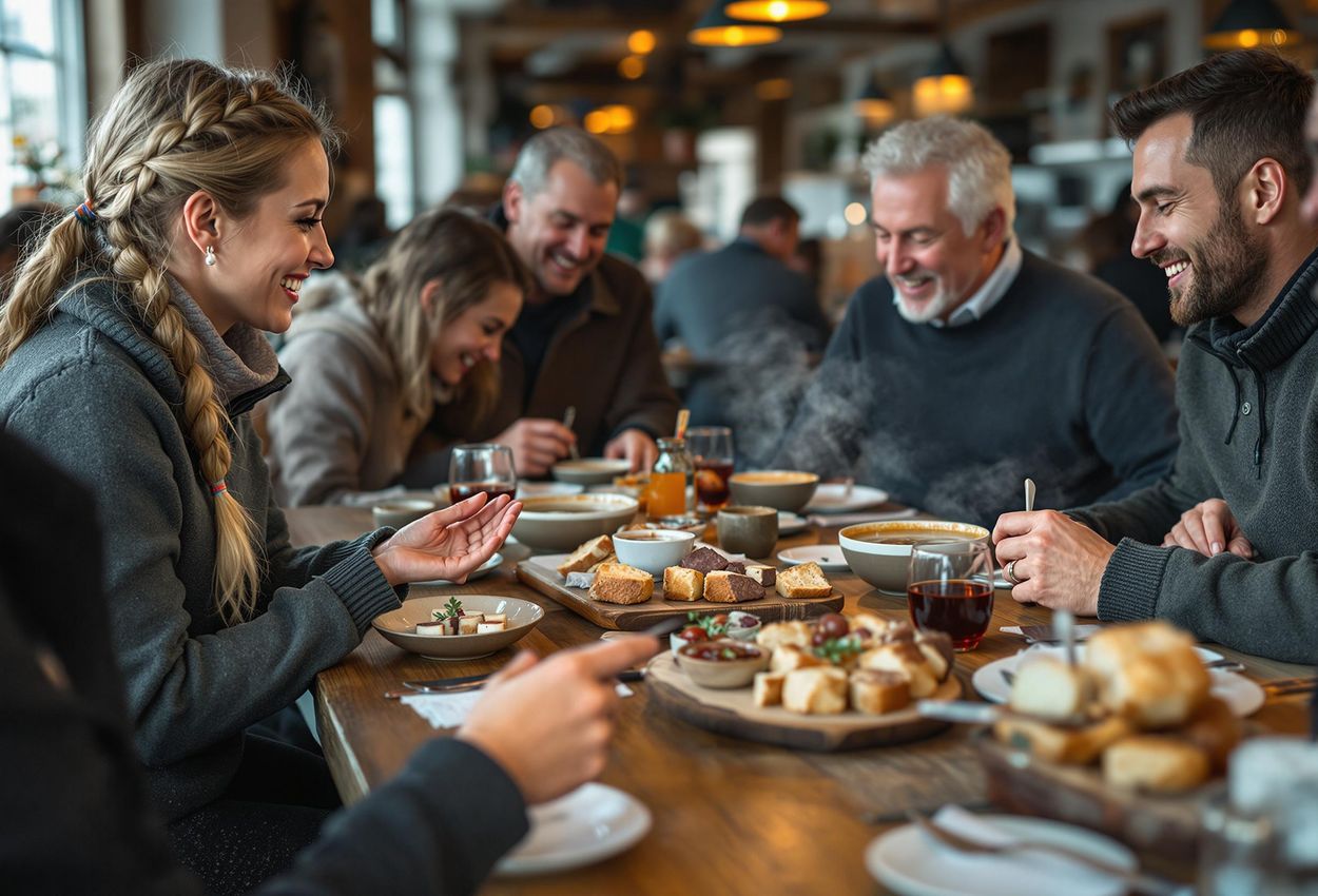 A photograph capturing a group of tourists on a Reykjavik Food Walk, sampling traditional Icelandic dishes at a local restaurant. The image showcases the cultural immersion and culinary adventure.