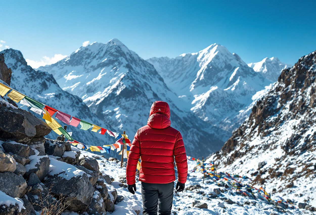 A lone trekker in a red jacket hikes through the majestic Annapurna mountains, with prayer flags fluttering in the foreground and snow-capped peaks in the distance.