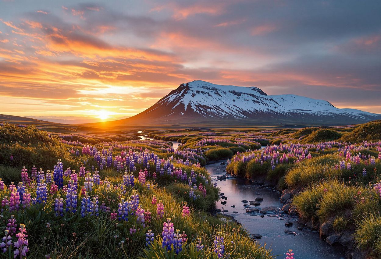 A stunning landscape photograph of the midnight sun over Iceland, featuring vibrant wildflowers and snow-covered mountains.