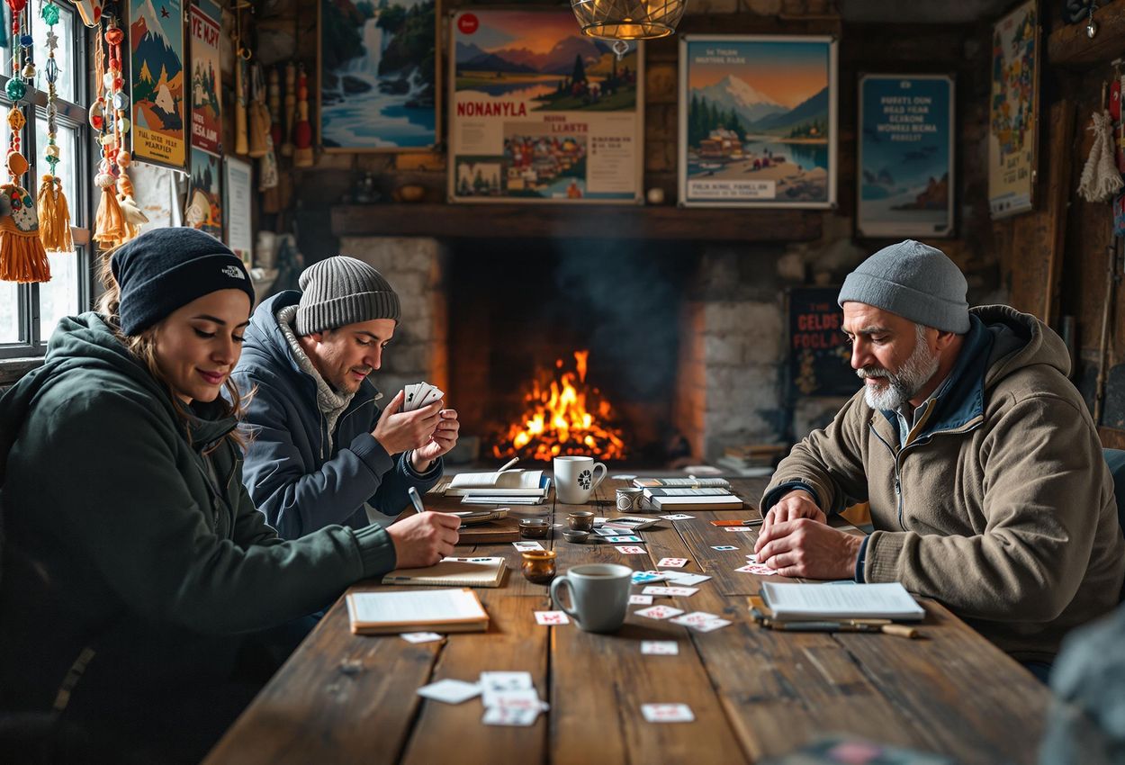 An intimate interior photograph capturing trekkers relaxing in a traditional teahouse along the Annapurna Circuit in Nepal, featuring warm lighting, local handicrafts, and a crackling fireplace.