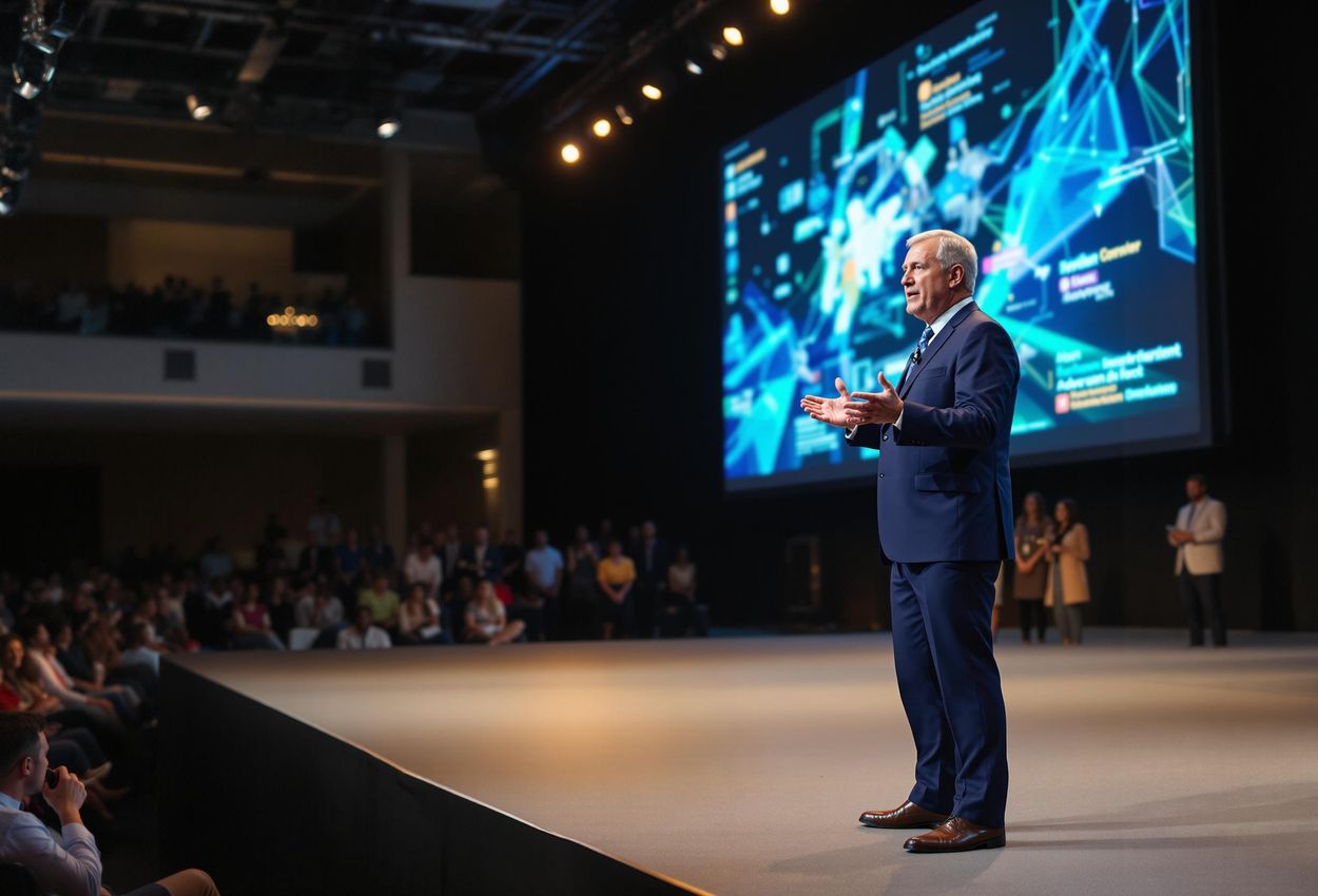 A photograph capturing Alan Elliott Merschen delivering his keynote speech at the Adventure Travel World Summit in Panama City, Panama, on September 17, 2024. The image highlights his presentation on the future of travel.