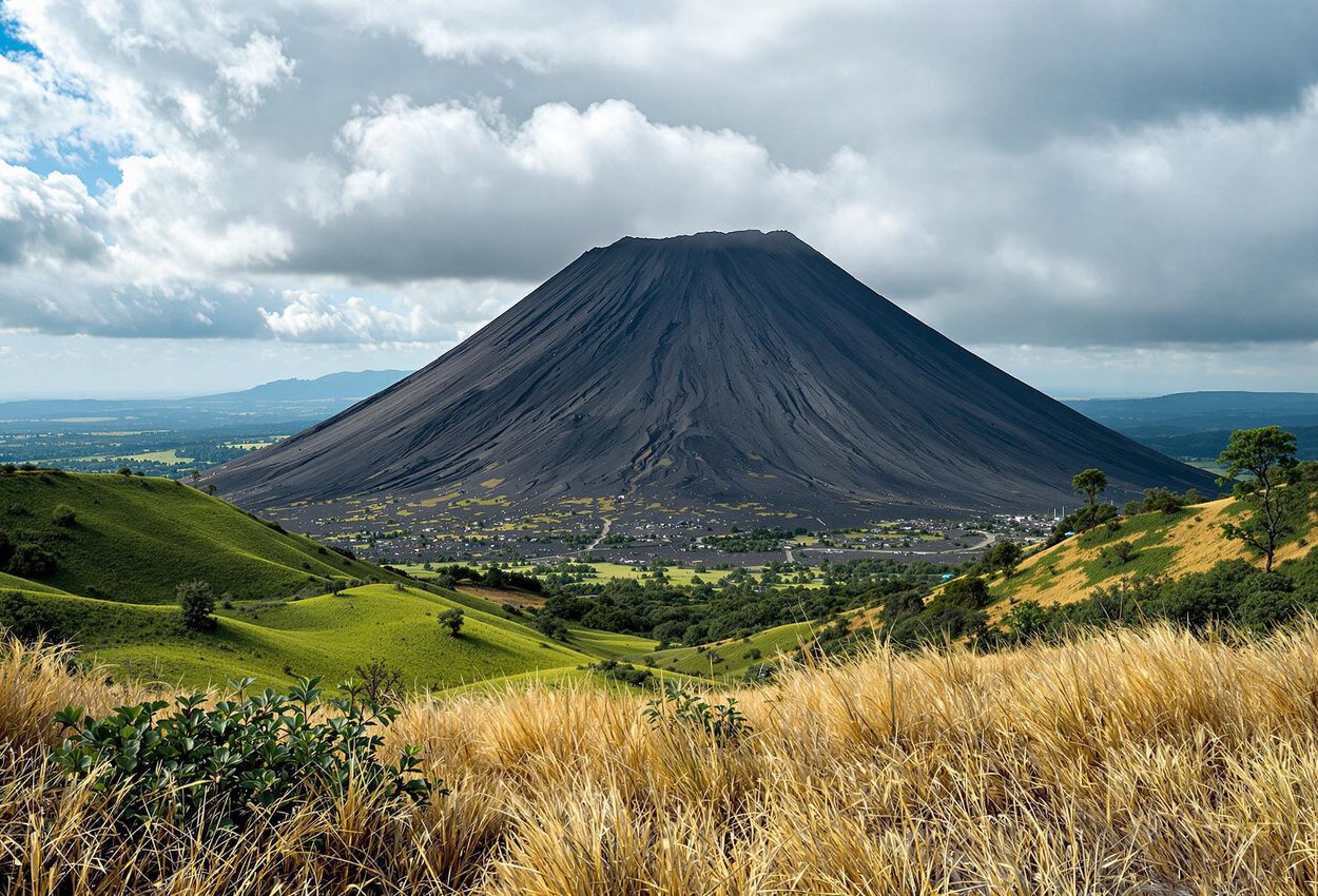A landscape photograph capturing the imposing Cerro Negro volcano in Nicaragua, its black cinder cone contrasting with the surrounding green hills under a partly cloudy sky.