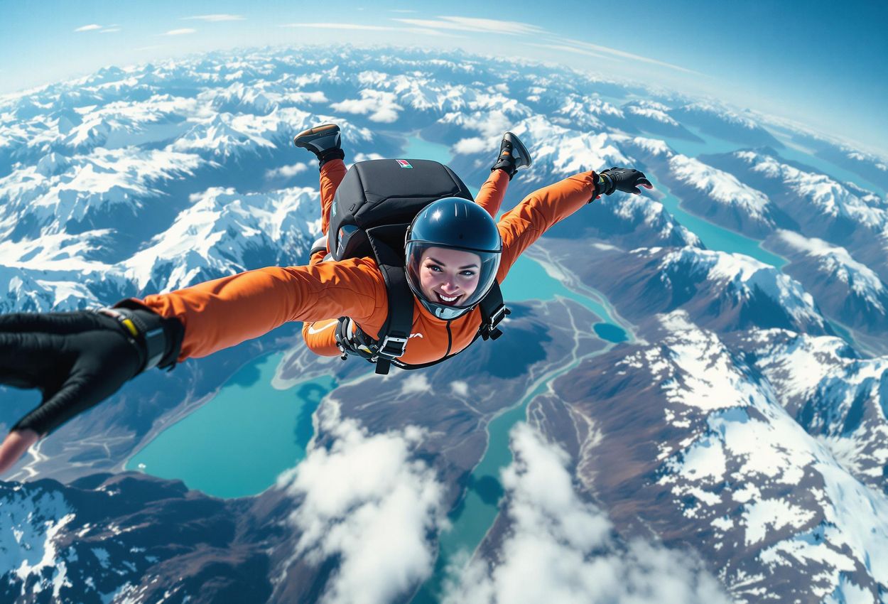 A breathtaking photograph capturing a skydiver in freefall over the stunning Southern Alps of New Zealand, showcasing snow-capped mountains and turquoise lakes.