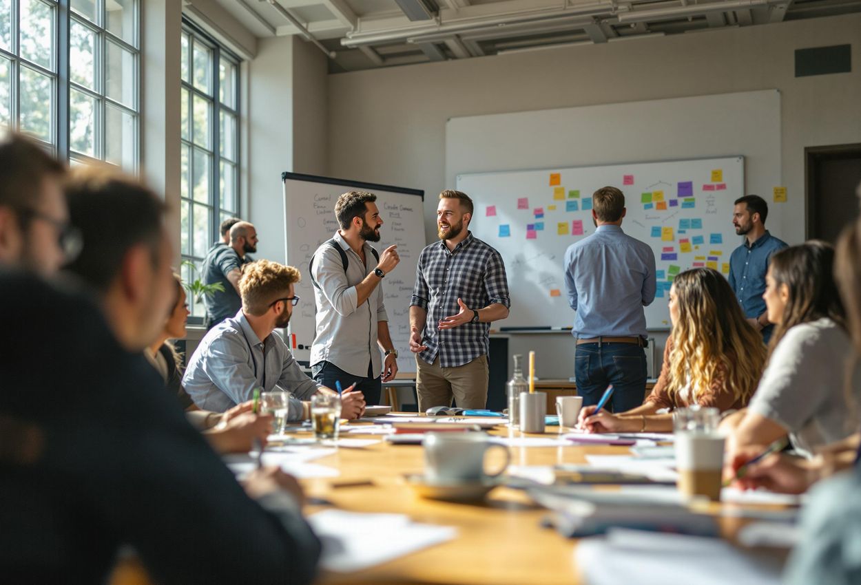 A photograph capturing Lee Kitchen leading an engaging creative workshop at the Adventure Travel World Summit, surrounded by actively participating delegates in a bright and energetic atmosphere.