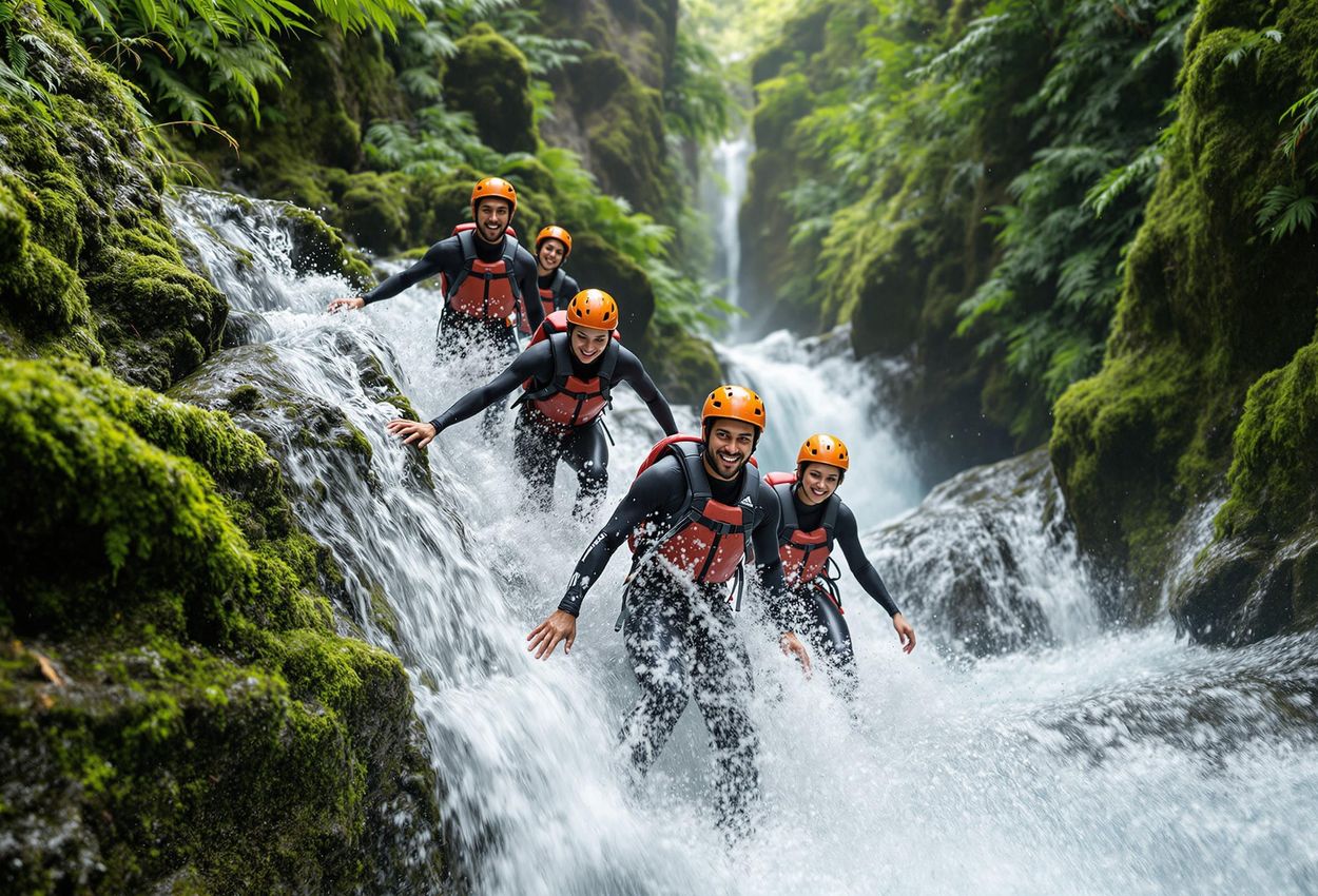 A captivating photograph of a canyoning team descending a waterfall in New Zealand, showcasing the thrill of adventure and the stunning beauty of the natural environment.