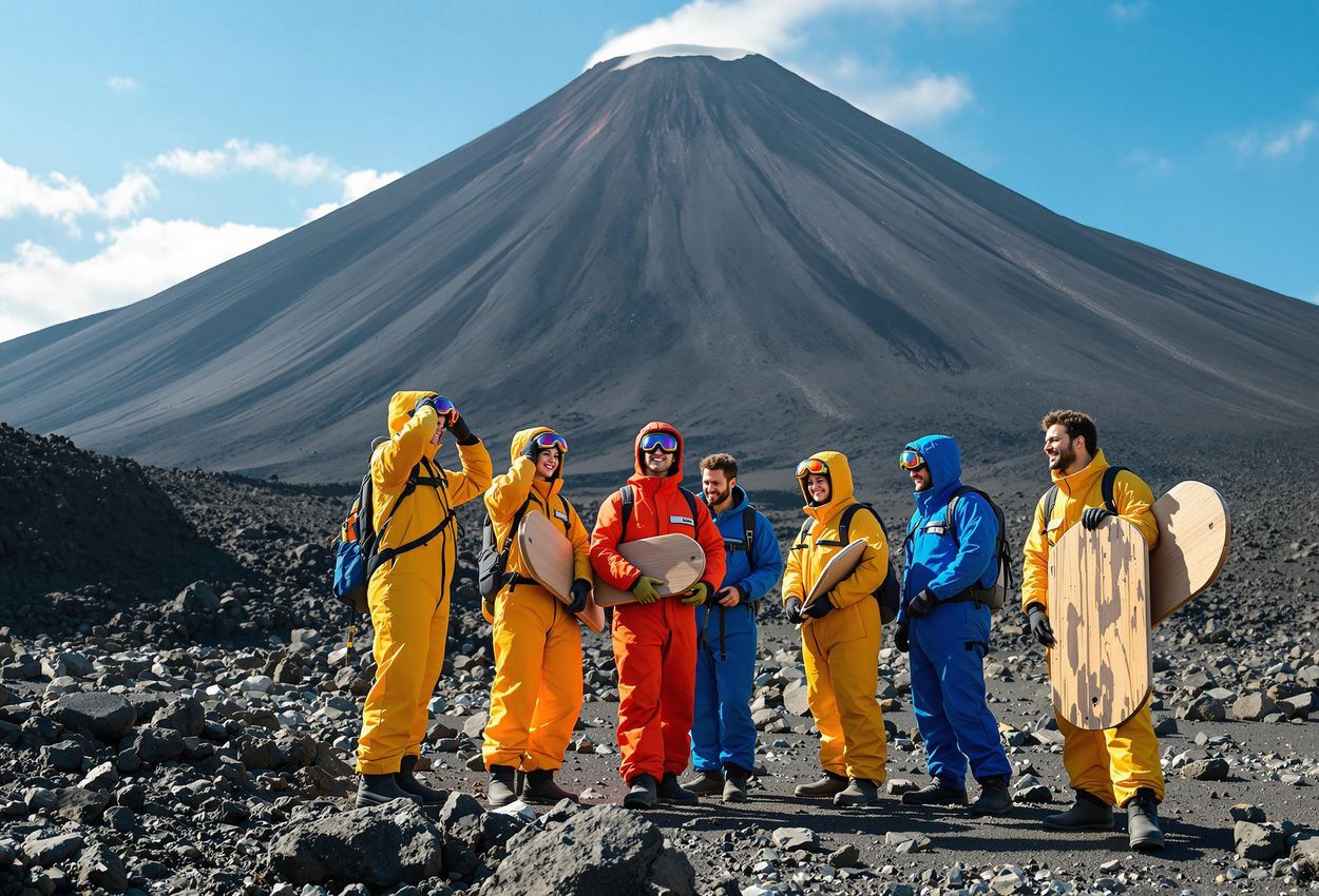 A group of tourists prepares for volcano boarding at the base of Cerro Negro in Nicaragua, showcasing the excitement and anticipation before the thrilling descent.