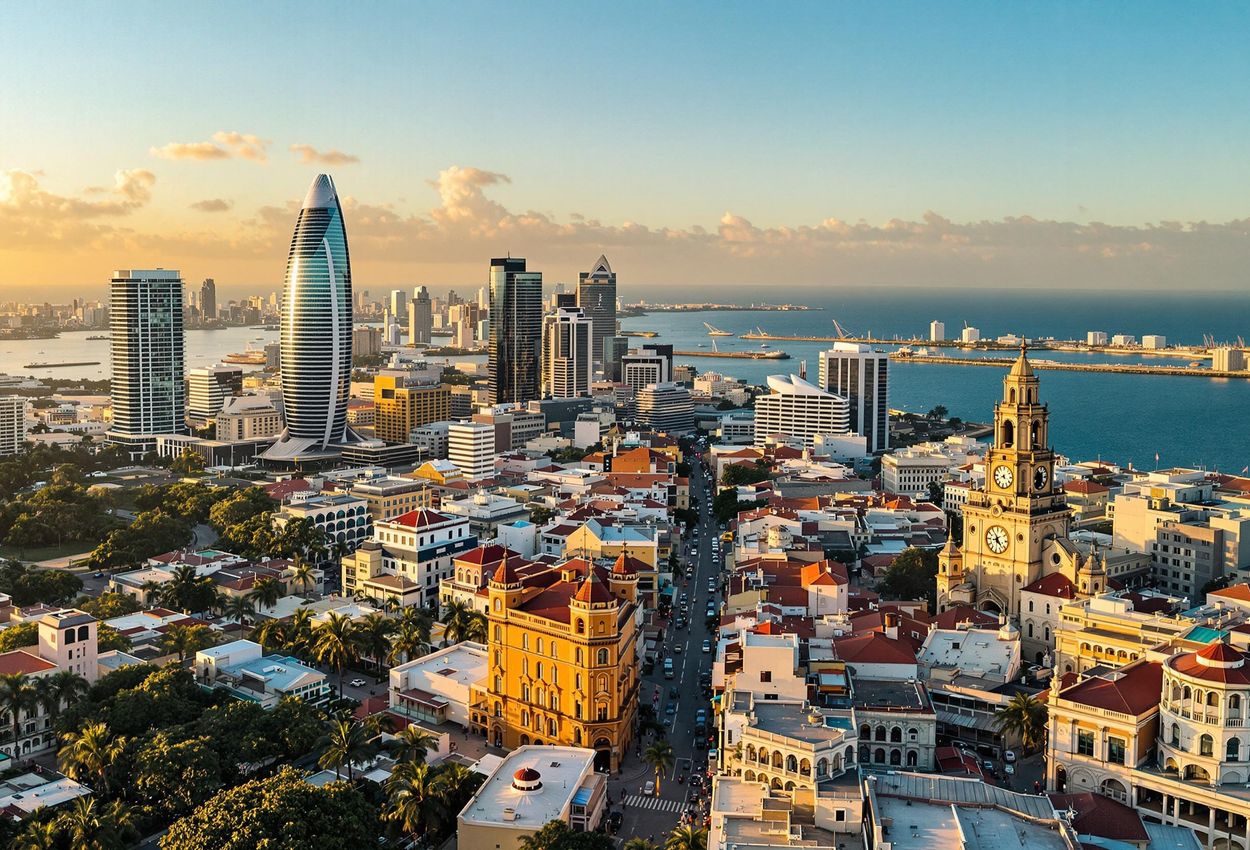 An aerial photograph of Panama City, showcasing the contrast between its modern skyline and the historic colonial architecture of Casco Viejo, captured in warm golden light.