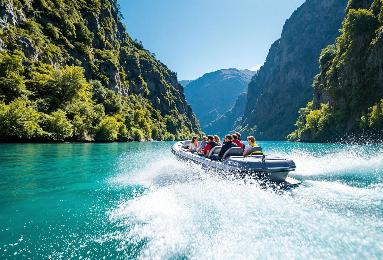 A stunning photograph captures a jet boat speeding through the Shotover River canyon in New Zealand, showcasing a thrilling adventure amidst breathtaking natural scenery.