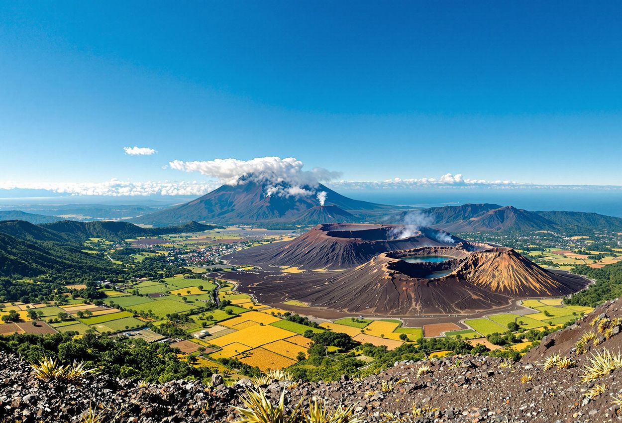 A panoramic photograph capturing the vast Nicaraguan farmland, the Cordillera Los Maribios mountain range, and the smoking craters of Cerro Negro volcano from its summit.