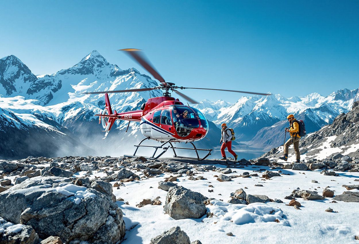 A stunning photograph capturing a helicopter landing in a remote alpine area of New Zealand, with hikers embarking on a luxury heli-hiking adventure amidst snow-capped mountains and pristine wilderness.