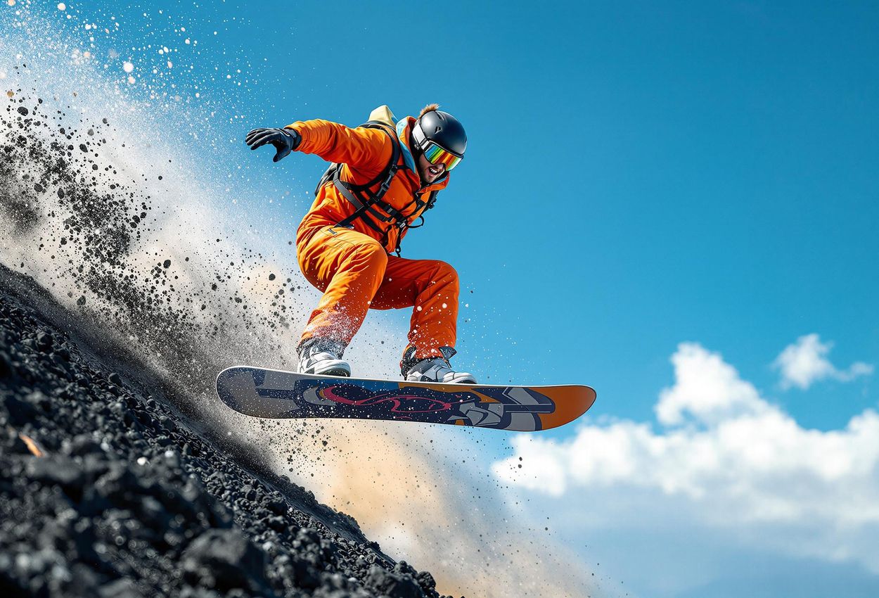 A captivating action photograph of a volcano boarder speeding down the slopes of Cerro Negro, Nicaragua, capturing the thrill and adventure of this unique extreme sport.