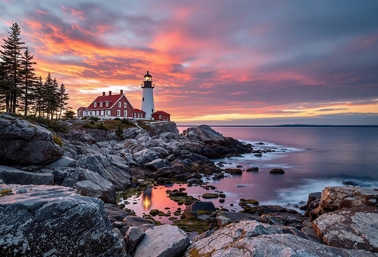 A scenic photograph of the Bass Harbor Head Light in Acadia National Park at sunset, showcasing the lighthouse perched on rocky cliffs under a colorful sky.